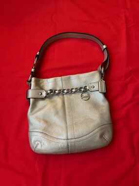 Coach Metallic Silver Pebbled Leather Hobo Shoulder Bag with Chain Accent